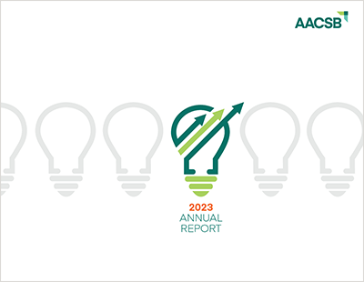AACSB 2023 Annual Report Cover: five gray-outlined lightbulbs lined up horizontally, a middle one outlined in dark teal and bright green with upward arrows crossing through