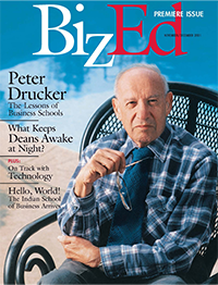 BizEd Magazine November/December 2001 cover featuring Peter Drucker