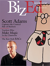 BizEd Magazine March/April 2002 cover featuring Scott Adams