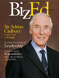 BizEd Magazine March/April 2002 cover featuring Sir Adrian Cadbury