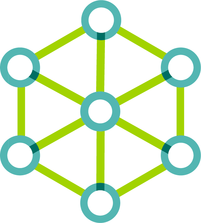 teal circles connected by bright green lines implying collective strength