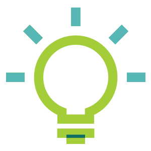 bright green outline of lightbulb with light teal short vertical lines around it representing emitted light