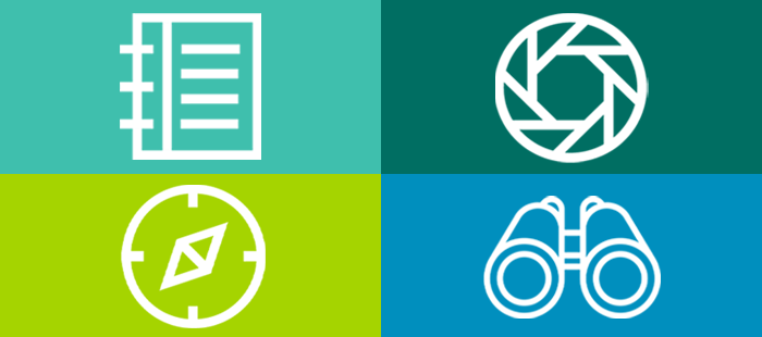 diversity training case study Four colored boxes with different icons: notebook, camera lens, compass, and binoculars