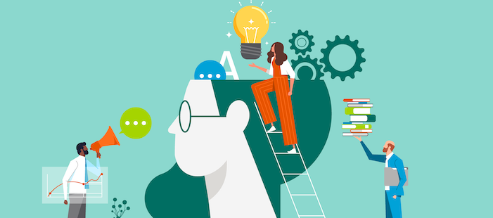 Small figures are gathered around a giant head. They're adding items to the interior of the skull--books, gears, a big lightbulb--to signify expanding knowledge.