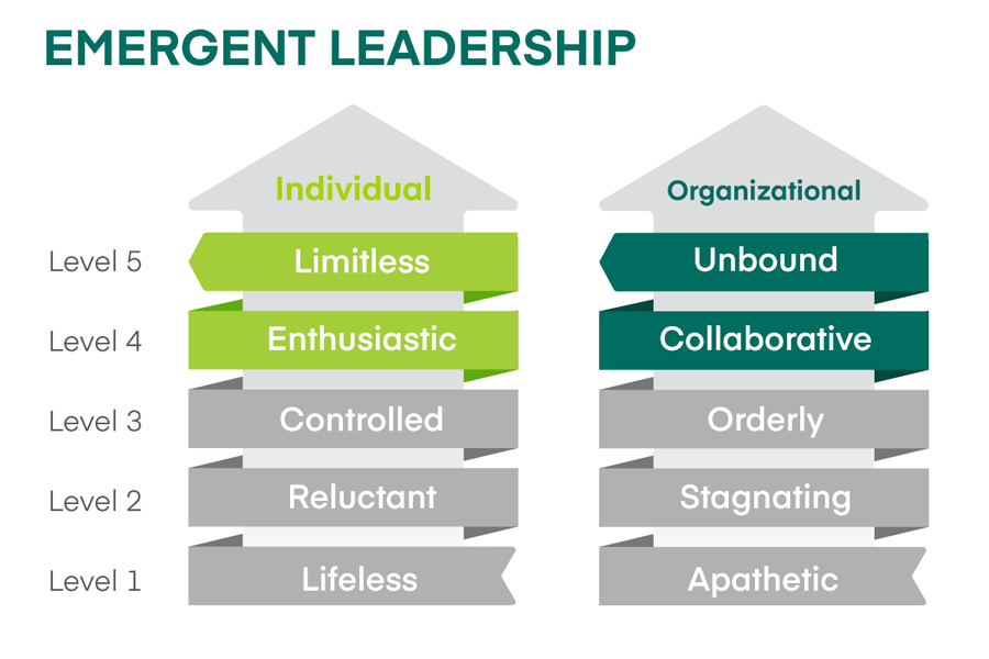 Chart that shows the levels of individual and organizational leadership moving from Level 1 lifeless and apathetic characteristics in gray boxes at bottom to Level 5 limitless and unbound in green boxes at top.