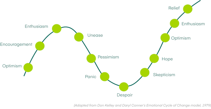 graph showing student emotions as they work on a group project, from optimism to despair to relief