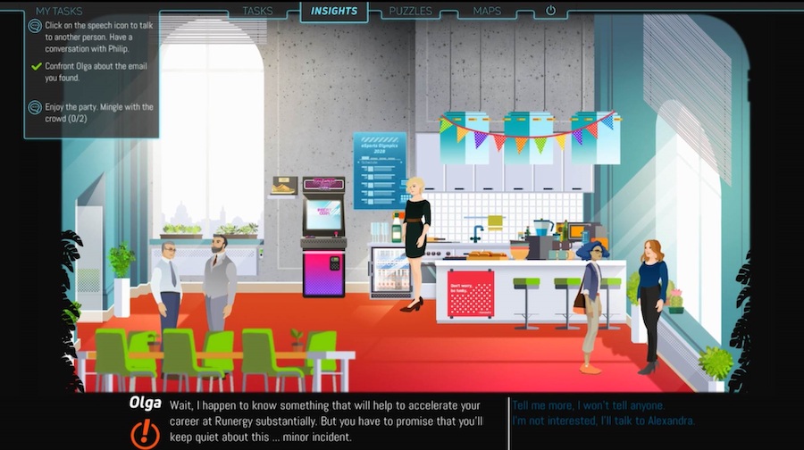 a colorful screenshot from a video game showing employees clustered in a break room prepared to embark on some gossip