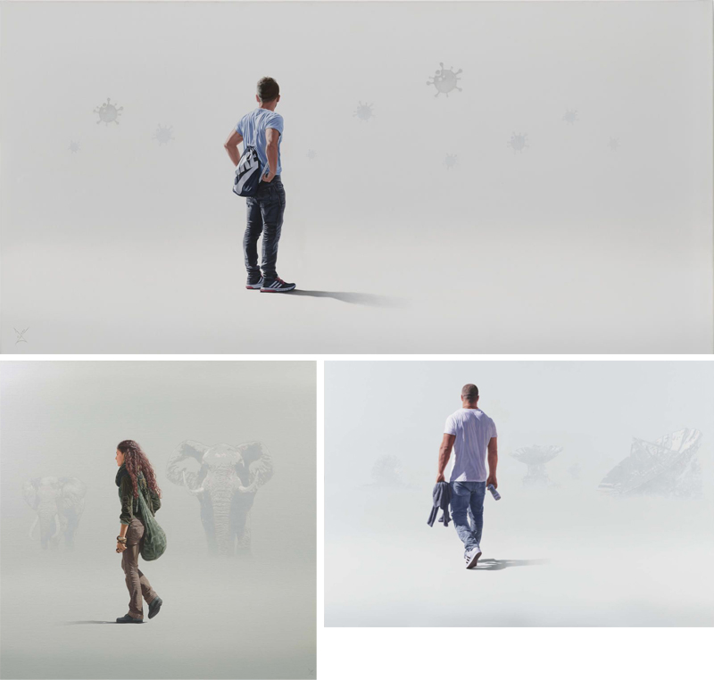 Three paintings by Nigel Cox including The Game Changer of a young man in a white t-shirt and jeans against a misty backdrop with faint coronavirus symbols, Extinction III of a young woman against a misty gray backdrop with two faint male elephants coming toward her, and The Silent Array of a young man in t-shirt and jeans against a misty gray backdrop with faint images of three large satellite dishes pointed in different directions