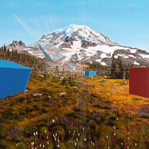 The painting Shipwreck Mount Ranier National Park by Mary Iverson of a snow-covered mountain scene with a superimposed fractured container ship spilling its cargo onto the slope
