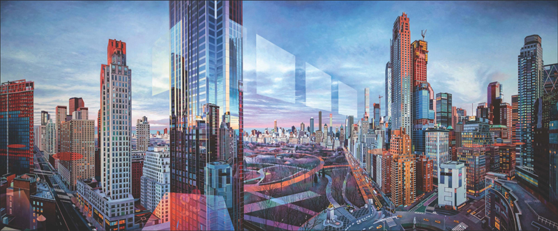 Mandarin Oriental a painting by Nathan Walsh depicting a complex futuristic city skyline as if from a building within it in blues and reds