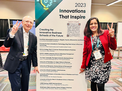 Dean Mo Sepehri and Prof. Anshu Arora representing University of the District of Columbia's 2023 Innovations That Inspire highlight at AACSB's ICAM
