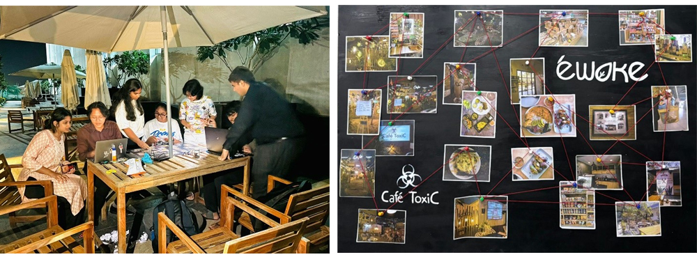 The photo at left shows a student team sitting at a wooden table with an umbrella at its center on an outdoor patio as they visit and have a meal at E-woke, a restaurant in Hyderabad for their project. The photo at right shows a storyboard depicting an array of photos they took during their visit of the food they ordered and the interior decor, with the word "ewoke" at the upper right, all against a black background.