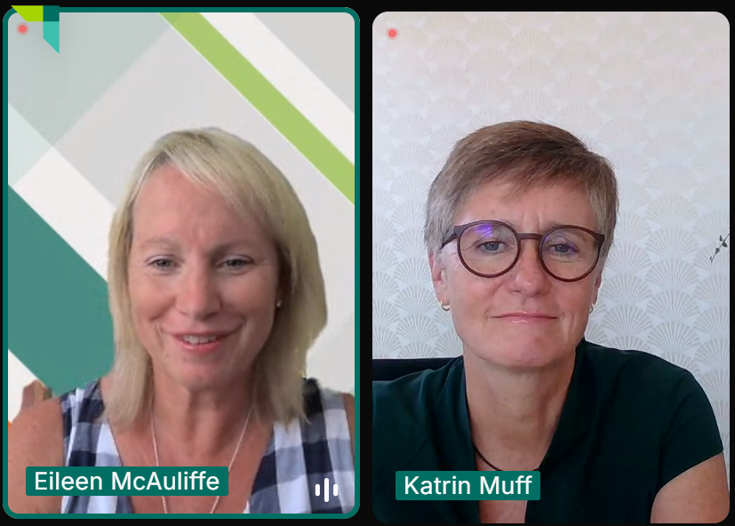 Screenshot of Eileen McAuliffe (left) and Katrin Muff (right) during virtual podcast interview