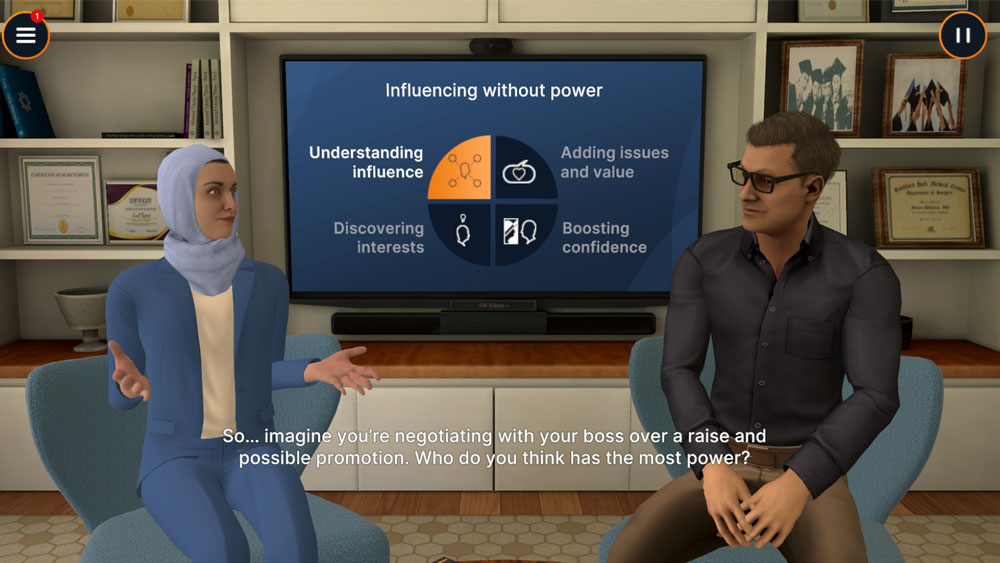 Screenshot from Sage's Negotiation and Conflict Management Skills VR Experience module showing a two seated virtual avatars, a woman in a blue blazer and hijab speaking to a male colleague at her right, with a presentation screen behind them displaying a quadrant diagram titled "Influencing without power" and a subtitle asking who holds the most power in a salary negotiation, the employee or the boss.