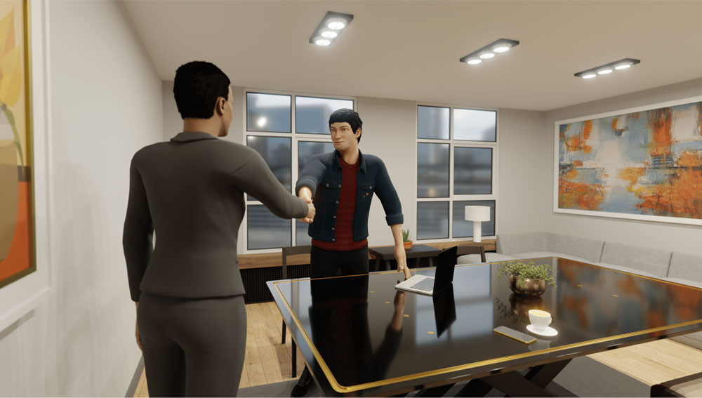 Screenshot from Sage's Negotiation and Conflict Management Skills VR Experience module showing two avatars, a woman in a business suit and a man in a dark long-sleeve shirt and dark pants, shaking hands across a dark wood table in a virtual conference room with large windows and modern lighting overhead.