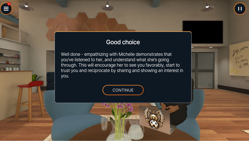 Screenshot from Sage's Negotiation and Conflict Management Skills VR Experience module displaying a pop-up feedback box over the virtual office background with the heading "Good choice," explaining that demonstrating empathy helps build trust and reciprocity during a virtual negotiation scenario.