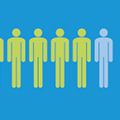 Graphic showing five people. Four people are green, one person is blue.