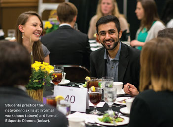 Photo of young adults sitting at formal dinner tables at networking event. Courtesy of Tennessee Tech Marketing and Communications Department.