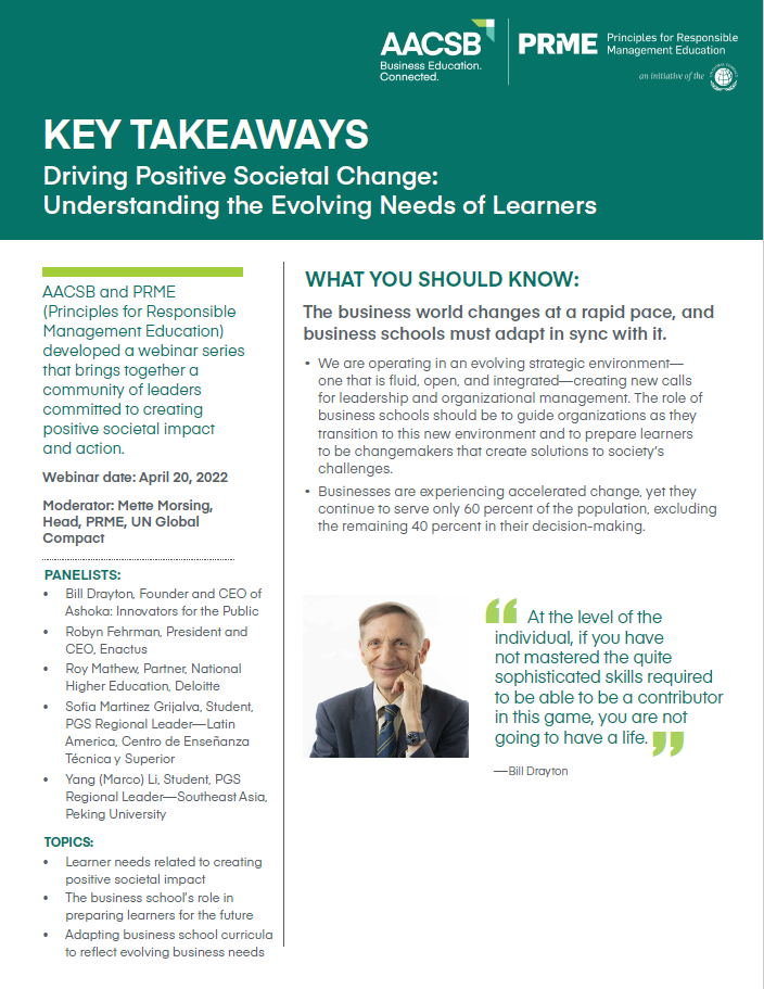 Cover for Key Takeaways Document on AACSB-PRME Webinar--Driving Positive Societal Change: Understanding the Evolving Needs of Learners