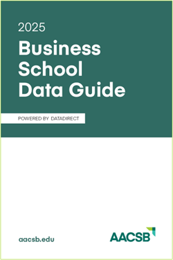 Dark teal and white for AACSB 2025 Business School Data Guide, "powered by DataDirect"