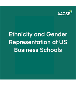 Report cover for "Ethnicity and Gender Representation at US Business Schools," dark teal background with white print, AACSB logo in upper right