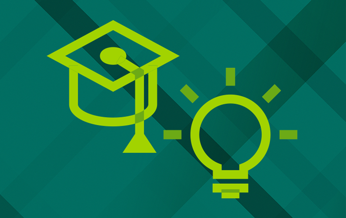 Graphic of bright green outlined graduation cap and lightbulb icons against dark teal weave pattern