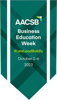 AACSB Business Education week banner with green weave background